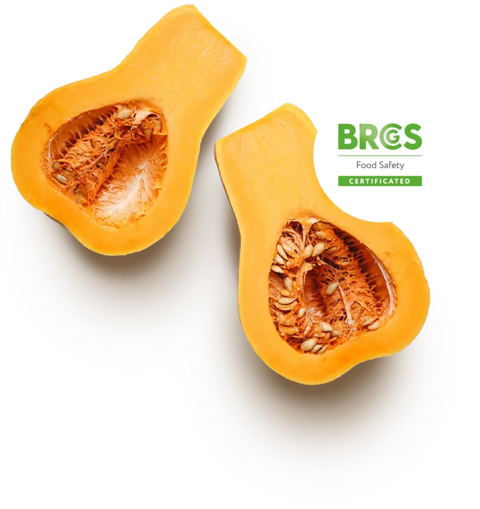 Fresh produce alongside BRCGS Food Safety Certified badge representing quality and food safety standards.