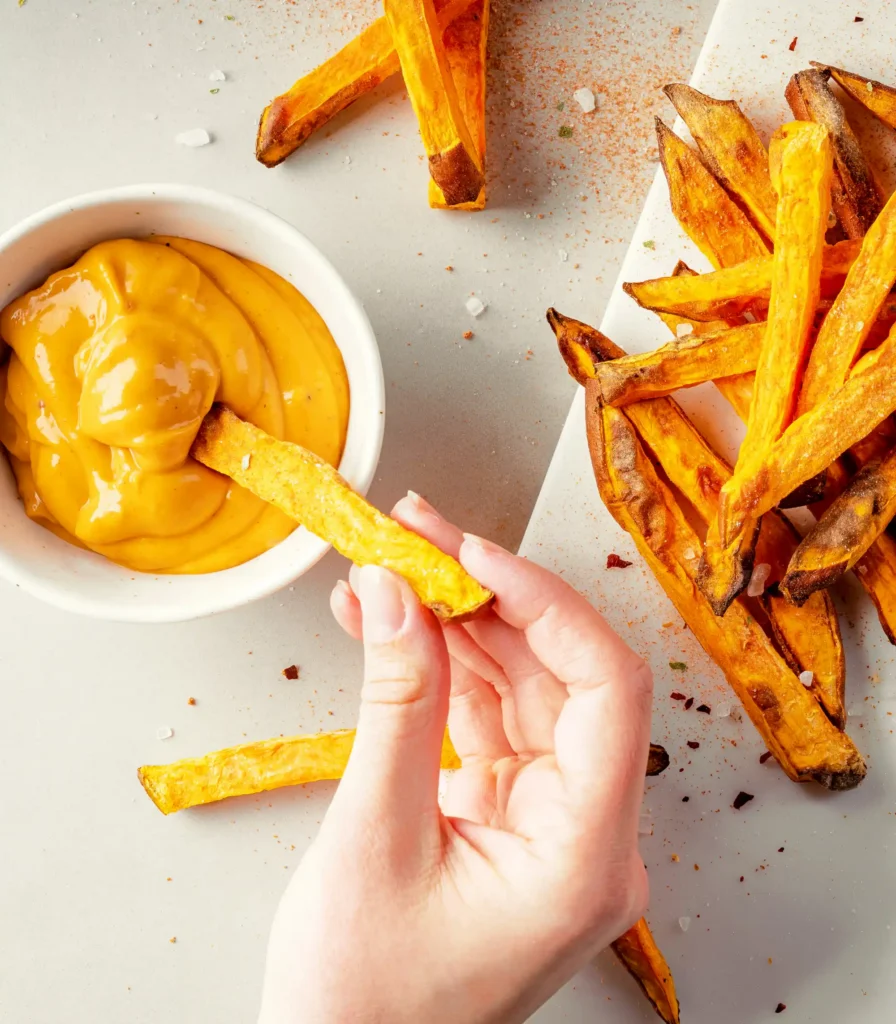 Hand dipping kūmara fries into creamy sauce with seasoned fries on plate