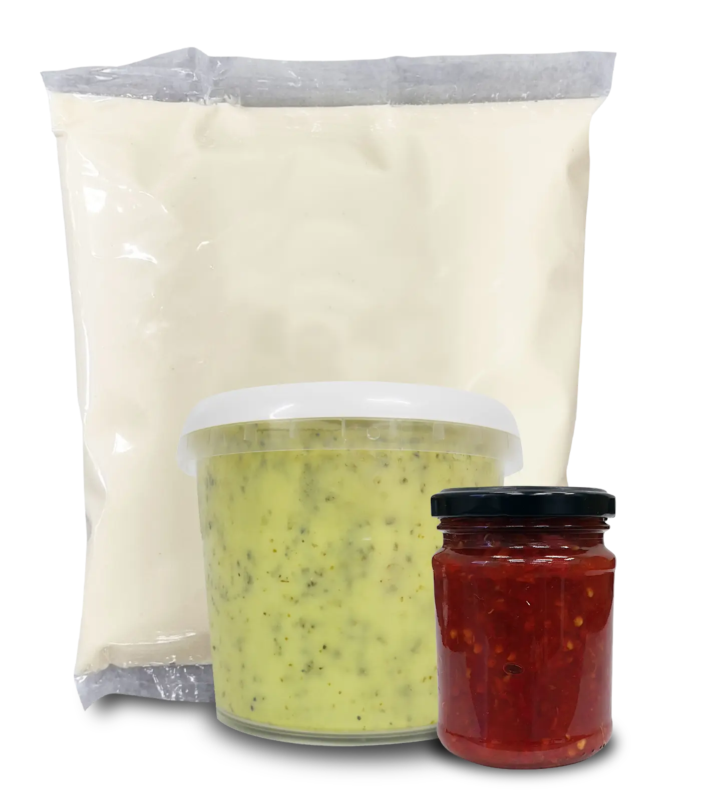 Pillow pack, plastic tub and glass jar filled with sauces and dressings