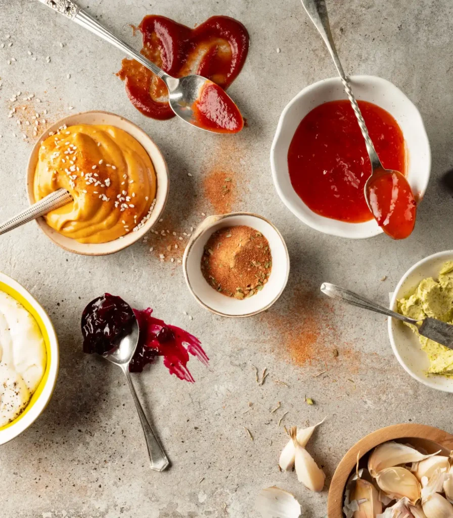Assorted sauces and condiments in bowls with spoons and spices on a textured surface