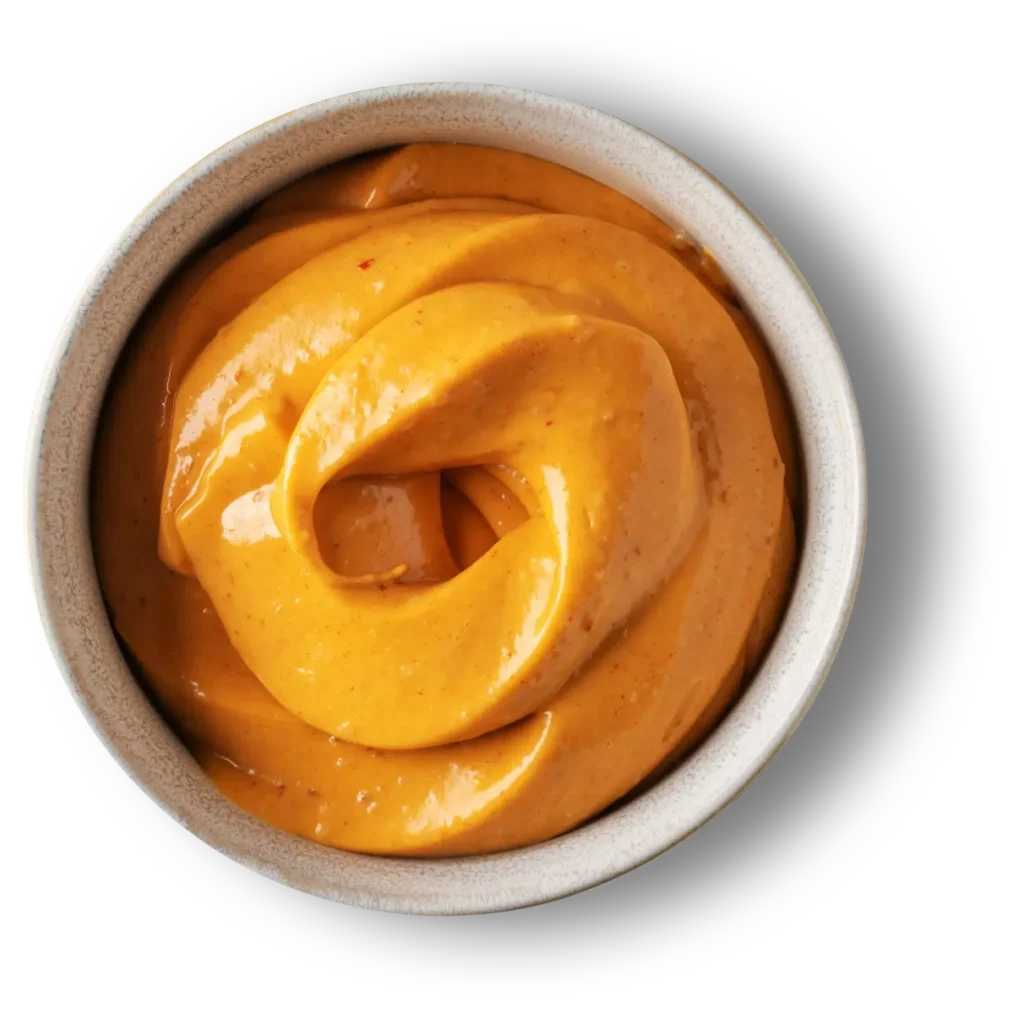 Creamy orange sauce in a bowl showing smooth texture