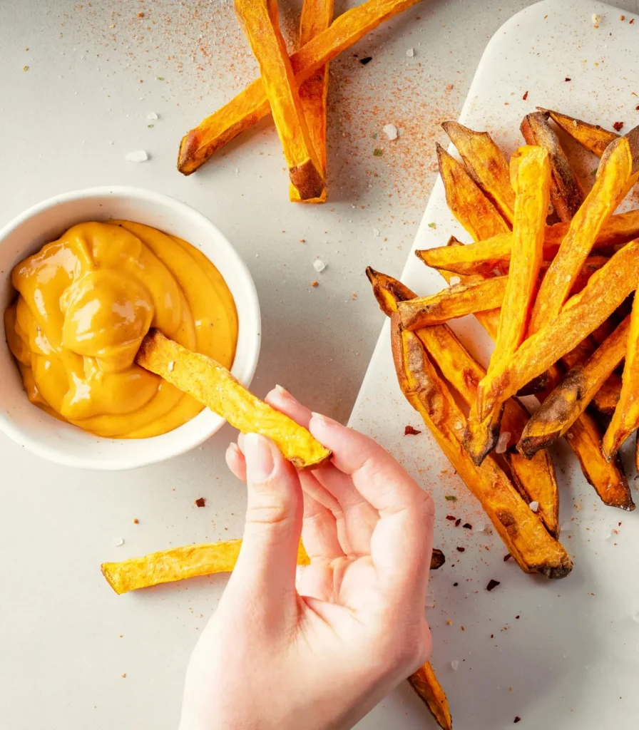 Hand dipping kūmara fries into creamy sauce with seasoned fries on plate